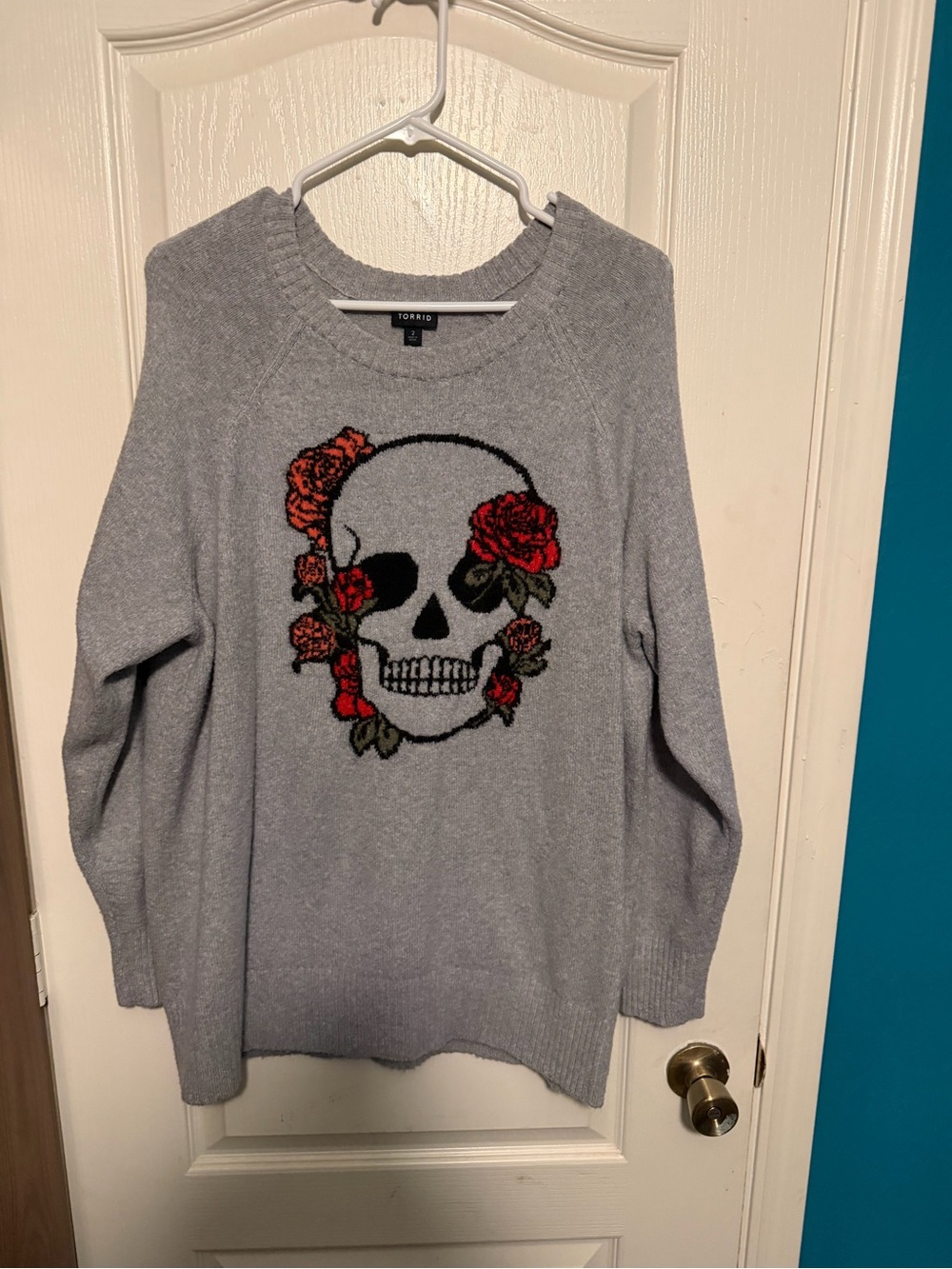 torrid Gray Sweater with Skull and Red Rose Embroidery